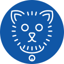 A minimalist design featuring simple line art of a cat's face inside a blue circle, complete with whiskers and a collar with a bell. This elegant pet grooming-inspired illustration uses white lines against the blue backdrop.