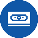 Blue circle icon with a white stylized money bill and a slot below it, reminiscent of payments for pet grooming or ATM transactions.