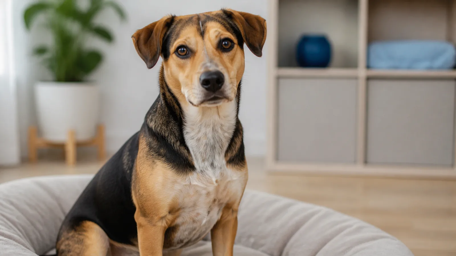 Mixed-breed medium-sized dog sitting comfortably indoors in a bright, calm setting.