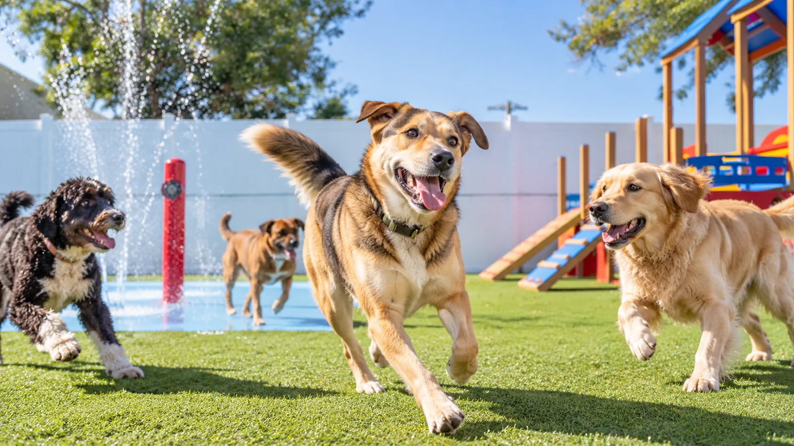 Three dogs running across a turf play yard at a dog daycare, with a splash pad and play equipment behind them.